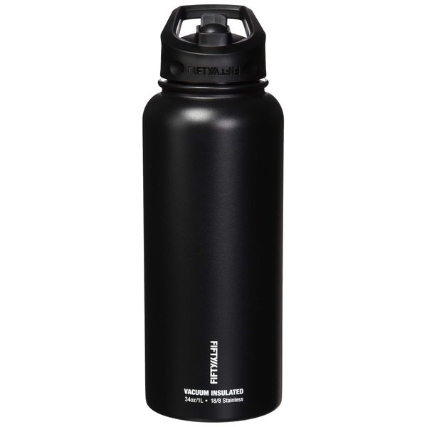 FIFTY/FIFTY Sport Water Bottle, Straw Cap with Wide Mouth, 34 oz/1 L, Matte Black