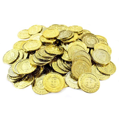 TCOTBE Pirate Gold Coins Plastic Set of 100,Play Gold Treasure Coins for Play Favor Party Supplies, Pirate Party, Treasure Hunt Game and Party Favors