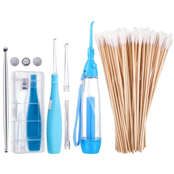 Nuanchu Tonsil Stone Remover Set, 1 Manual Pump Type Low Pressure Irrigator Oral Water Pick, 1 Tonsil Stone Remover with LED Light, 1 Stainless Steel Removal Tool and 100 Long Swab