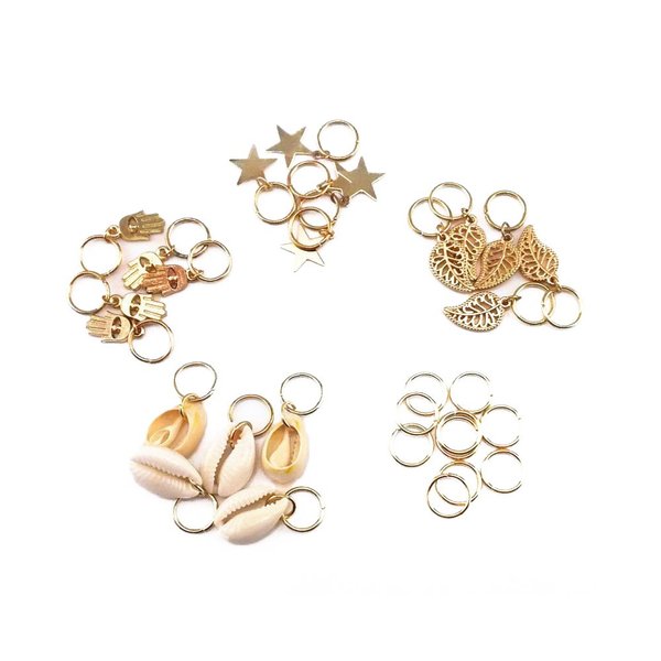 yueton 30pcs Gold Ring Shell Hands Leaves Star Pendant Rings Set Hair Clip Headband Hair Accessories
