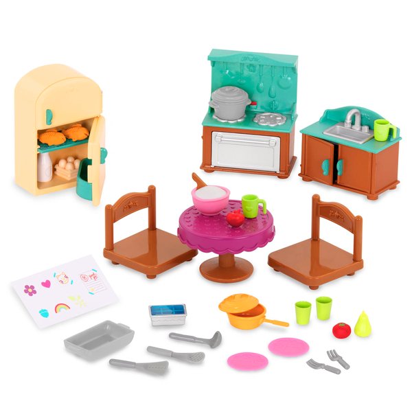 Li’l Woodzeez –Country Kitchen Set – 30Pcs Miniature Dollhouse Furnitures & Accessories – Pretend Play Food – Gift Toy for Kids 3 Years +