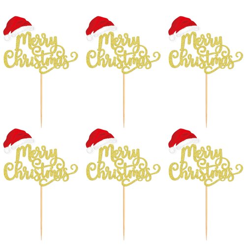 Ercadio 24 Pack Merry Christmas Cupcake Toppers Gold Glitter Santa Hat Christmas Cupcake Picks Merry Xmas Cupcake Decoration Winter Christmas Theme Xmas Holiday Birthday Party Supplies