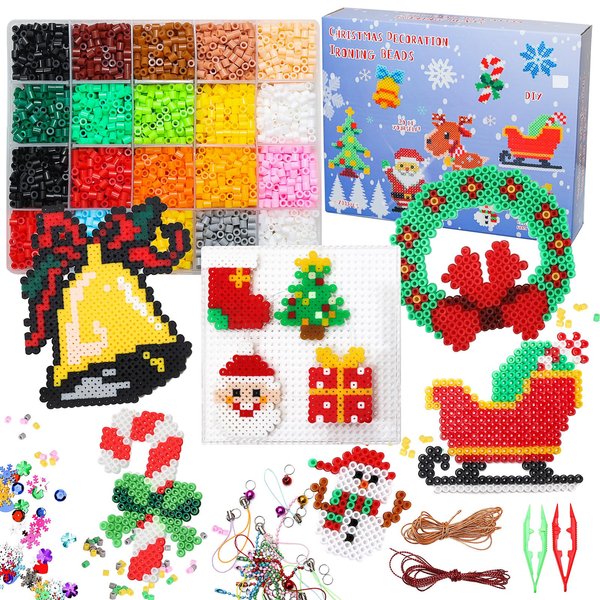 Christmas Fuse Beads Kit, 7000PC 5MM Melty Beads Set, Iron Melting Beads Christmas Craft Kit with Pegboards,Ironing Paper, 34 Christmas Patterns, Arts and Crafts Set for Boys Girls Christmas Birthday