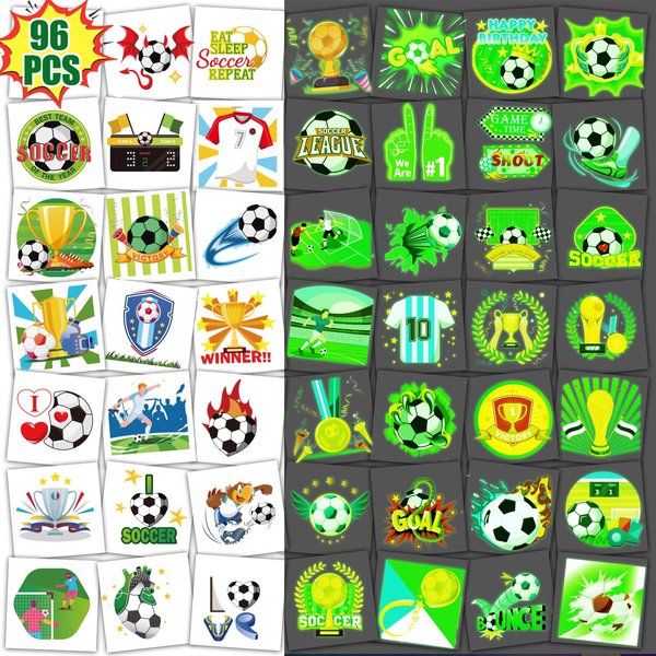 Qpout 96Pcs Soccer Sports Temporary Tattoos, Luminous Football Game Waterproof Tattoos Glow in the Dark European Cup Soccer Stickers for Soccer Theme Birthday Party Favors Decorations