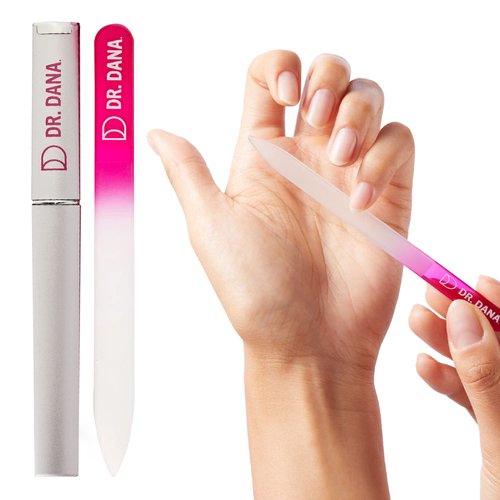 Dr. Dana Glass Nail File with Case - This Premium Glass fingernail File for Natural Nails is a Double-Sided Etched Crystal Nail File with Protective Travel case. Professional Nail File by Dr. Dana.