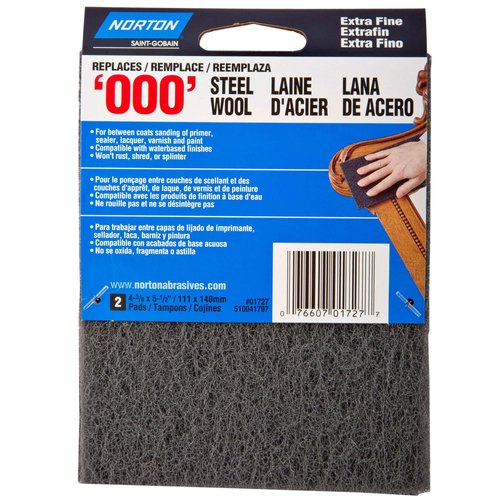 Norton Synthetic Steel Wool Pad, Polyester Fiber, 5-1/2" Length x 4-3/8" Width, Grit Type 000 (Pack of 2)