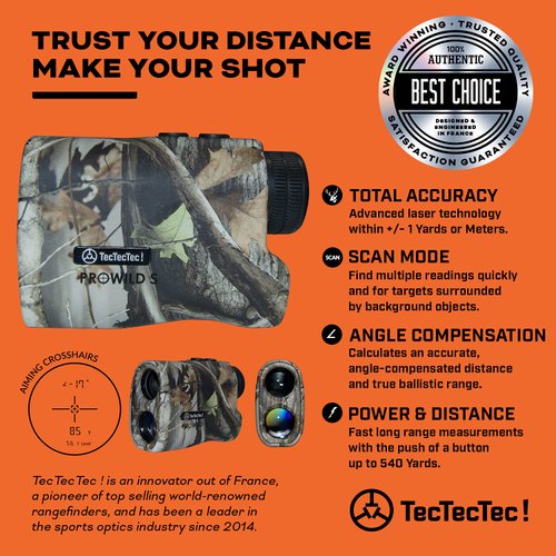 TecTecTec ProWild S Hunting Rangefinder with Angle Compensation Laser Range Finder for Hunting with Range Scan, Speed Mode, CR2 Battery, and Normal Measurements