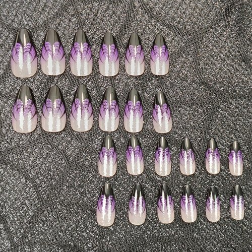 Almond Halloween Press on Nail Short Purple Fake Nails Spider Web French Tip Acrylic Glue on Nails Full Cover Shiny False Nail Stick on Nails for Women Party Manicure Decor 24pcs