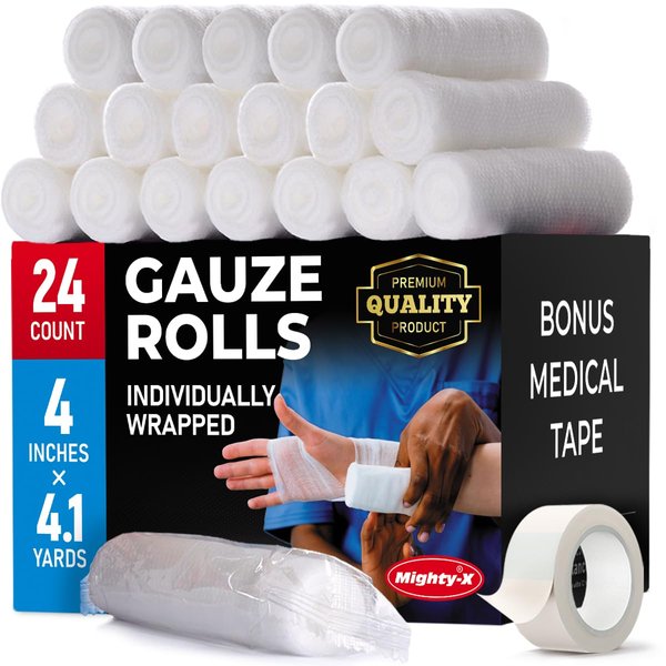 Premium Gauze Rolls - (24 Pack) - 4" x 4.1yd Breathable Rolled Gauze - Individually Wrapped + Bonus Tape - First Aid Conforming Gauze Wrap Roll for Wounds
