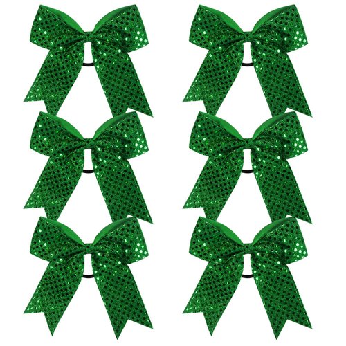 Cheer Bow Sequin 6 Inch 6 Pcs Bling Fling Cheerleader Cheerleading Jumbo Cheer Bow Hair Tie Hair Bow School (Green)