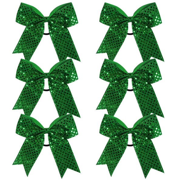 Cheer Bow Sequin 6 Inch 6 Pcs Bling Fling Cheerleader Cheerleading Jumbo Cheer Bow Hair Tie Hair Bow School (Green)