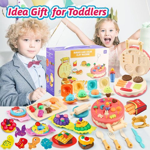 Color Dough Set Birthday Cake Color Dough Kitchen Creations Hamburger Maker Tools Kit for Kids Ages 4-8, Birthday Party Pretend Toys Gift,42 Pieces, with Candles and Dino Cookies