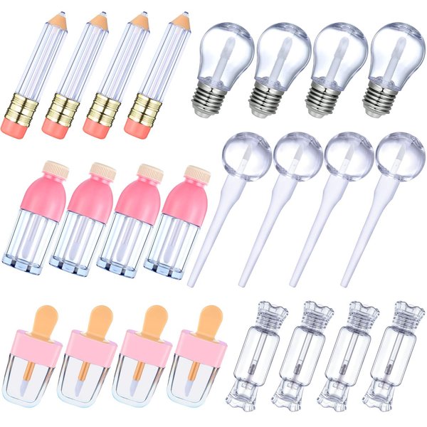 24 Pieces Novelty Empty Lip Gloss Tubes, Ice Cream and Funny Light Bulb Shaped Lip Balm Tube, Creative Lollipop Shape, Bottle and Candy Shaped Lip Glaze Tube, Pencil Lip Oil Bottles, 6 Styles