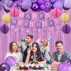 Purple Happy Birthday Party Decorations for Women Girls, Pre-Strung Happy Birthday Banner, Purple Balloons, Fringe Curtain, Tissue Paper Pom Poms, Circle Dot Garland, Hanging Swirls for Birthday Party