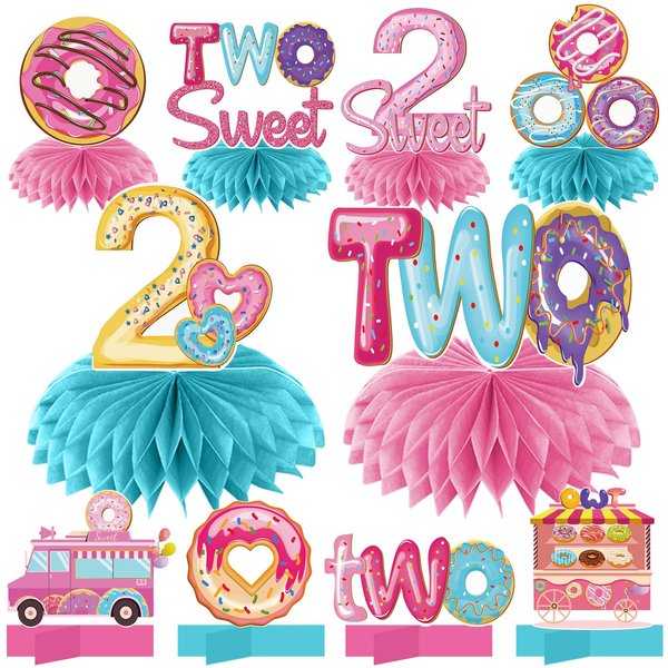 Aodocuto 10Pcs Two Donut 2nd Birthday Party Decorations Honeycomb Centerpieces for Baby Boys Girls, Donut Two Sweet Birthday Table Centerpieces Party Supplies, Doughnut Themed Bday Table Topper Decor
