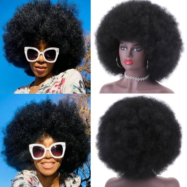 PWEOUKE 16 Inch Afro Wigs for Black Women Natural Black 70's Afro Curly Wigs Synthetic Soft Natural Looking Full Wigs for Unisex