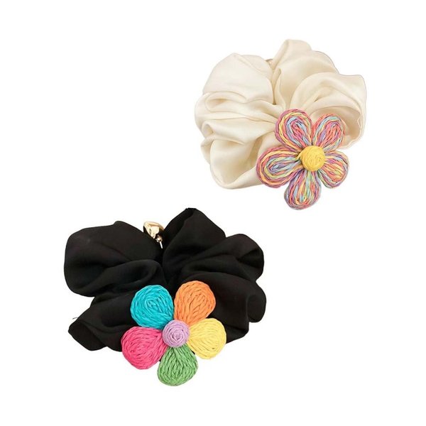 2pcs Floral Scrunchies,Colorful Flower Hair Scrunchie, Satin Hair Scrunchies with Woven Flower, Hair Ties Ponytail Holders for Women Girls