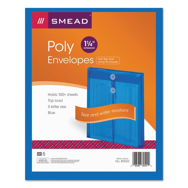 Smead 89542 Poly String & Button Interoffice Envelopes, String & Button Closure, 9.75 x 11.63, Transparent Blue, 5/Pack