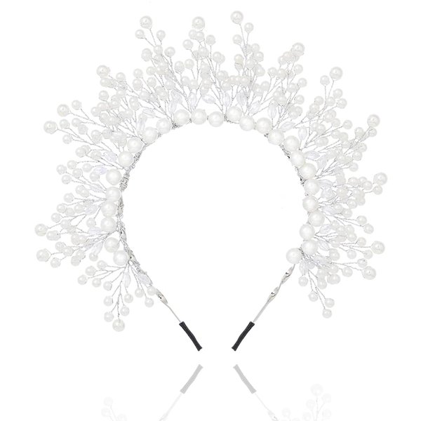 Formery Pearl Halo Headpiece Silver Crystals Halo Crown Headband Halloween Festival Wedding Photo-shoot Handmade Goddess Hair Accessories for Women and Girls