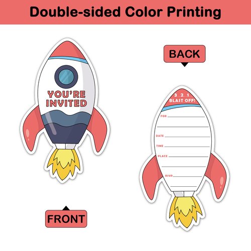 REWIDPARTY Rocket Ship Birthday Party Invitations with Envelopes & Stickers（Set of 15） Rocket Ship Shaped Fill-in Invitations Rocket Birthday Party Invites Cards Space Party Supplies for Kids Teens