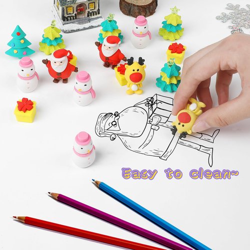 CCINEE 30 Pcs Christmas 3D Erasers for Kids,Xmas Assembled Santa Claus Erasers for Xmas Party Favors Decoration Classroom Rewards Goodie Bag Stuffers Birthday Gifts