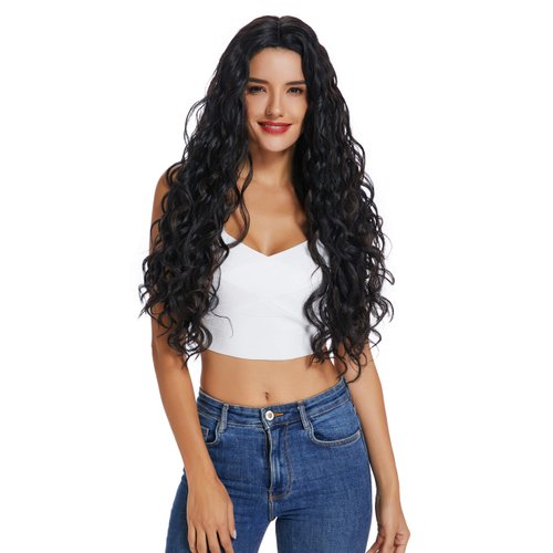 JIASLY Wigs Long Wavy Curly Wigs for Women Long Wavy Black Wigs, Black Synthetic Natural Wavy Curly Wigs (22 Inch)
