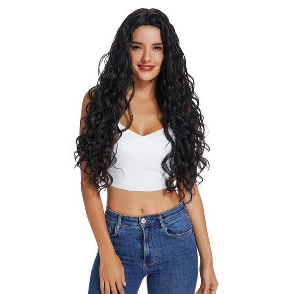 JIASLY Wigs Long Wavy Curly Wigs for Women Long Wavy Black Wigs, Black Synthetic Natural Wavy Curly Wigs (22 Inch)