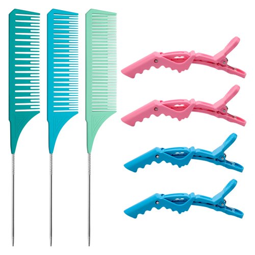 3 PCS Highlighting Combs with 4PCS Alligator Clips, Catcan Weaving Combs for Highlighting Professional Styling Weaving Rat Tail Combs Set for Barbershop Home Hair Salon