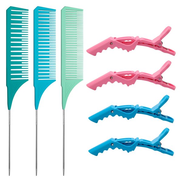 3 PCS Highlighting Combs with 4PCS Alligator Clips, Catcan Weaving Combs for Highlighting Professional Styling Weaving Rat Tail Combs Set for Barbershop Home Hair Salon