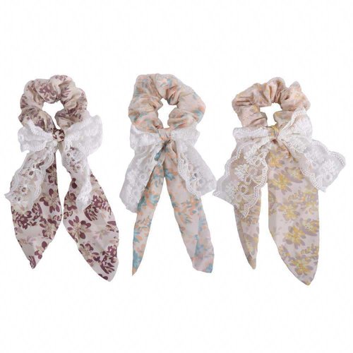 3 Pcs Elegant Hair Scrunchies with Lace Bow Tassel, Hair Ribbon Elastic Hair Tie Bow Ponytail Holder for Women Girls