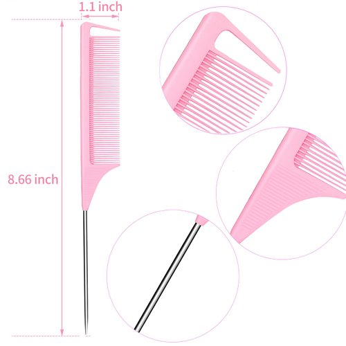 6PCS Hair Rat Tail Comb Metal Carbon Parting Hairdressing Styling Tools for Women and Girls (Pink)