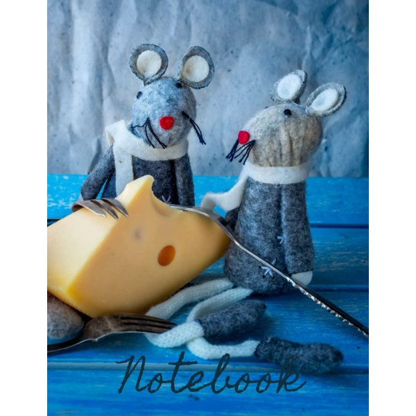 Notebook: Stuffed toy mice with red noses, dressed in blue, with scarves, sitting by a wedge of cheese.