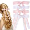 Parcce 4 PCS Pink Hair Ribbon Bows For Hair Clips With Long Tail for Women Girl Teens Kids, Solid Holder Fashion Bow Bowknot Hair Accessories Headwear Barrettes Claw(Pink&White)