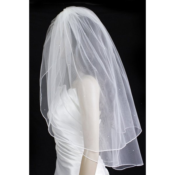 Bridal Veil White 2 Tier Fingertip Length Pencil Edge With Scattered Rhinestones