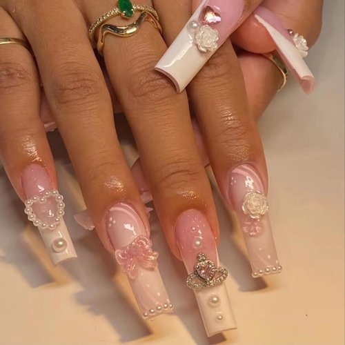 MISUD Long Square Press on Nails Squoval Fake Nails Glossy Glue on Nails White French Tip Acrylic Nails Bling Glitter Artificial Nails Pearl Flower Stick on False Nails with Rhinestone Design 24 pcs