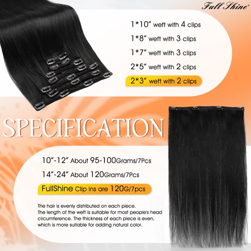 Full Shine Jet Black Clip in Hair Extensions Remy Hair Extensions Clip in Human Hair Color 1 Natural Hair Clip in Extensions for Thin Hair 7 Pieces 24 Inch Black Hair Extensions