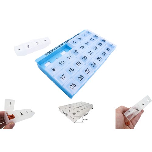 Monthly Pill Organizer | 31 compartments, 1 per Day, 4 Week Full Month 31 Day Pill Organizer | Includes Tray and 8 Removable compartments