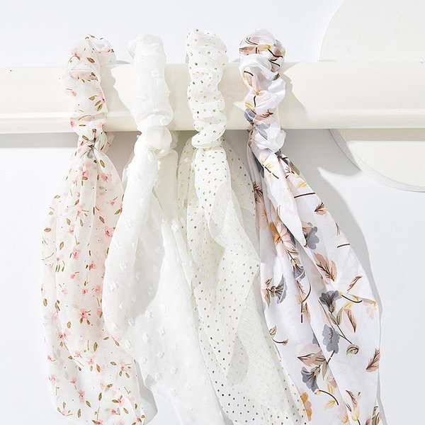 4PCS Hair Scrunchies for Women Hair Scarf Scrunchies with Long Tails Knotted Bow Hair Ties Hair Ribbon White Elastic Hair Ties Hair Bands Ponytail Holders Hair Accessories for Women and Girls