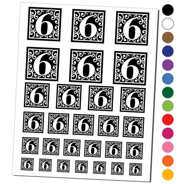 Monogram Swirls Number 6 Six Temporary Tattoo Water Resistant Fake Body Art Set Collection - Black (One Sheet)