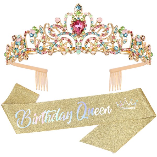 Velscrun Birthday Tiaras Crowns for Women, Gold Birthday Queen Sash, Happy Birthday Party Decorations for Women, Birthday Gifts for Women Mom, Happy Birthday Cake Toppers Headbands Accessories