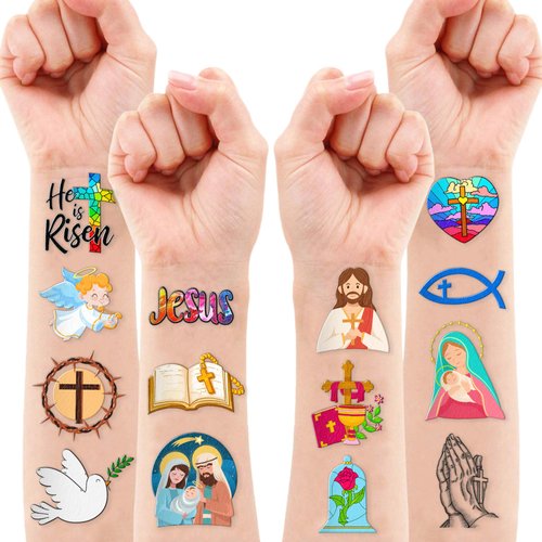 Religious Temporary Tattoos Christian Faith Jesus Bible Cross He is Risen Spring Easter Themed Stickers for Kids Party Supplies Decorations Favors and Prizes Cute Gifts for Boys and Girls Ideal School