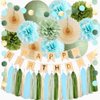 Sage Green and Blue Birthday Decorations Boy Olive Sage Green and Light Blue Birthday Decorations Beige Paper Fans Pom Poms Olive Cream Tassel Garland Party with Banner Beige Gold