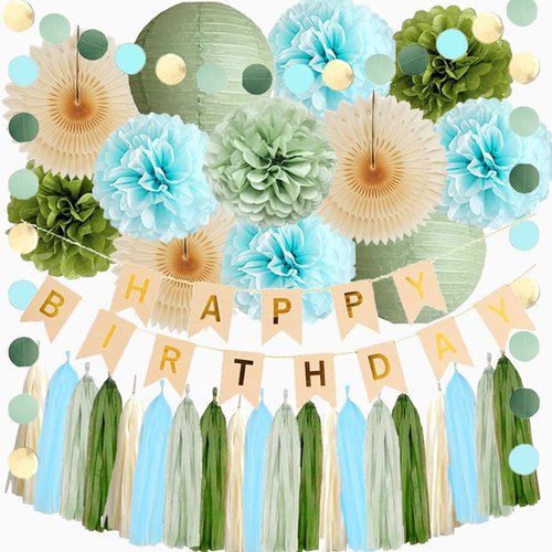 Sage Green and Blue Birthday Decorations Boy Olive Sage Green and Light Blue Birthday Decorations Beige Paper Fans Pom Poms Olive Cream Tassel Garland Party with Banner Beige Gold