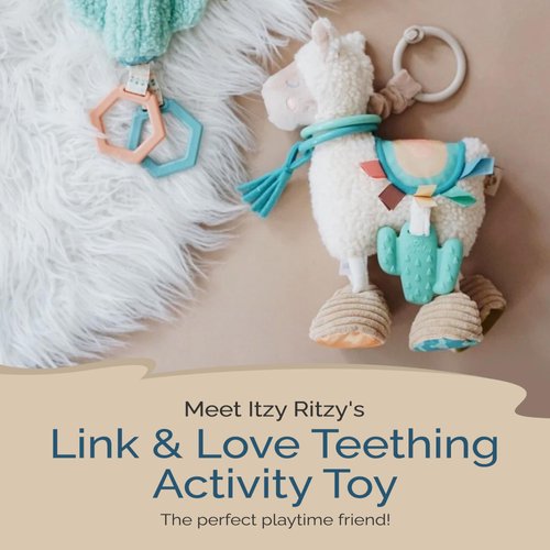 Itzy Ritzy Link & Love Toy for Stroller or Car Seat; Features Textured Ribbons, Crinkle Sounds, Clinking Rings & Silicone Teether; Designed For Ages 0 Months and Up (Llama)