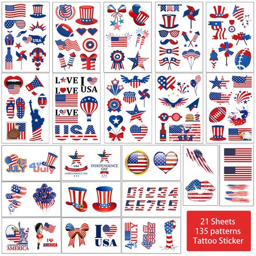 Fourth of July Tattoos, 21 sheets American Flag Temporary Tattoos, USA face tattoos, Red White Blue tattoos stickers, 4th of July, Independence Day, Memorial Day, Patriotic Theme Party Supplies