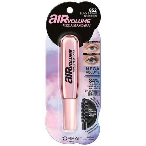 L'Oreal Paris Makeup Air Volume Mega Mascara, Lightweight & Long-lasting Volumizing Mascara for Voluminous Eyelashes, Washable Black Brown, 0.3 Fl Oz
