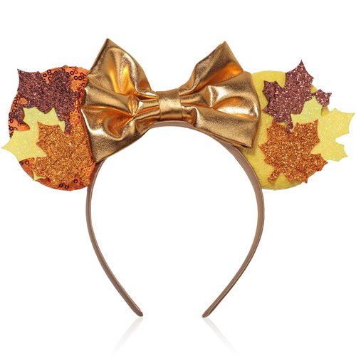 CIVFCRT Mouse Ears Headbands Fall Maple Leaf Yellow Shiny Bows Mouse Ears Headbands for Thanksgiving Hair Decoration and Mouse Themed Party Supplies Costume Cosplay Decoration(Maple Leaf