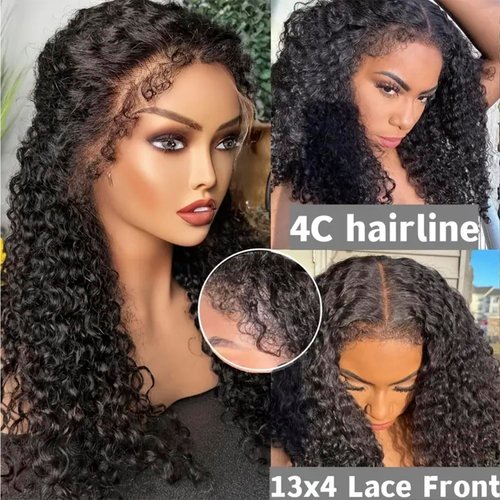 Uioxvn 13x4 Lace Front Wigs Human Hair Pre Plucked 4C Kinky Curly Edges Baby Hair HD Transparent Glueless Deep Curly Lace Front Wigs Human Hair for Black Women Glueless Wigs 150% Density (24 Inch)