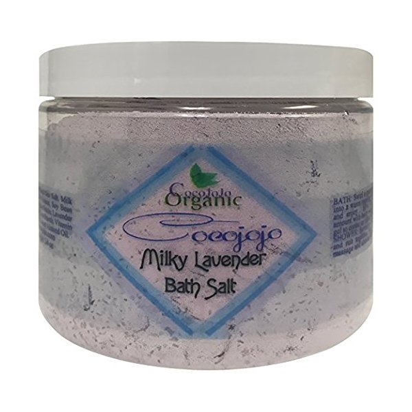 Cocojojo's 16 oz Milky Lavender Bath Salt with Lavender Petals 100% Natural for RELAXING BATH EXFOLIATE BATH SALT AROMATHERAPY