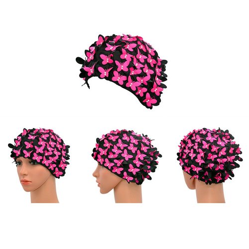 Medifier Vintage Swim Cap Floral Petal Retro Style Bathing Caps for Women Rose Red